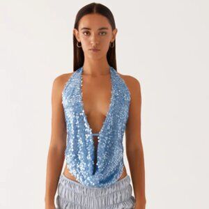Peppermayo Blue Sequin Halter Top- New with Tags